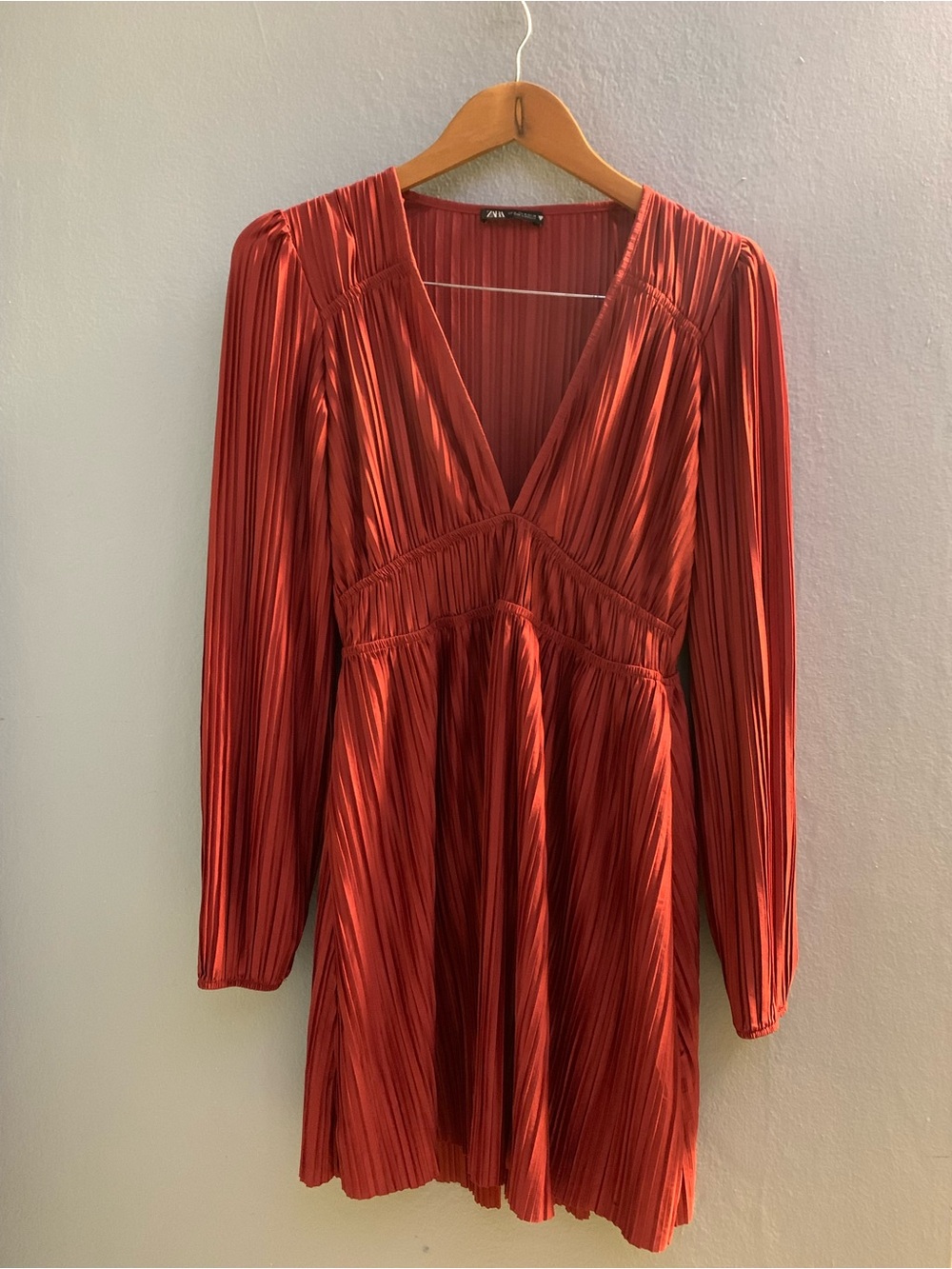 Zara Rust-Red Pleated V-Neck Mini Dress